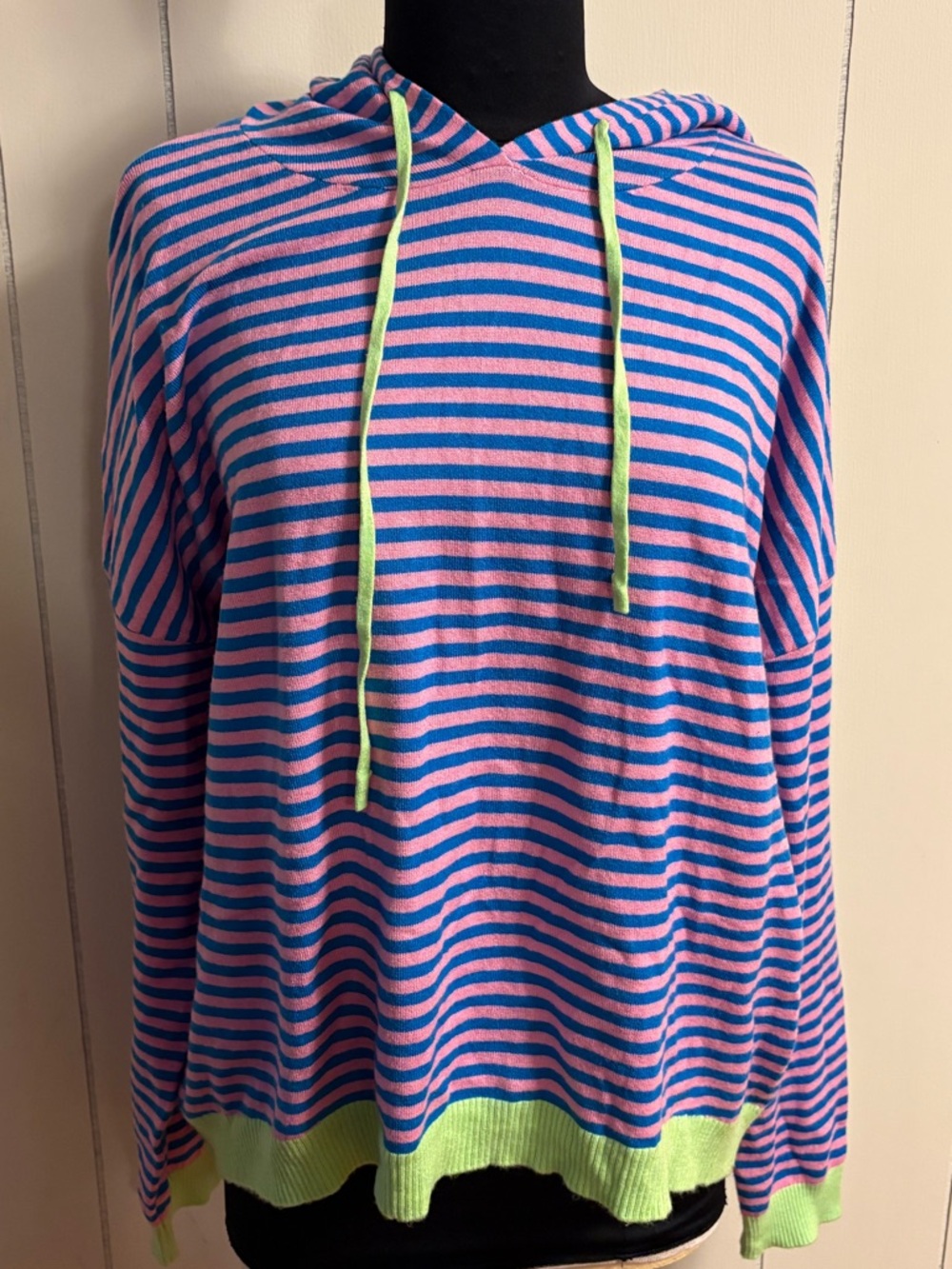 Striped Pink & Blue Hoodie with Lime Accents